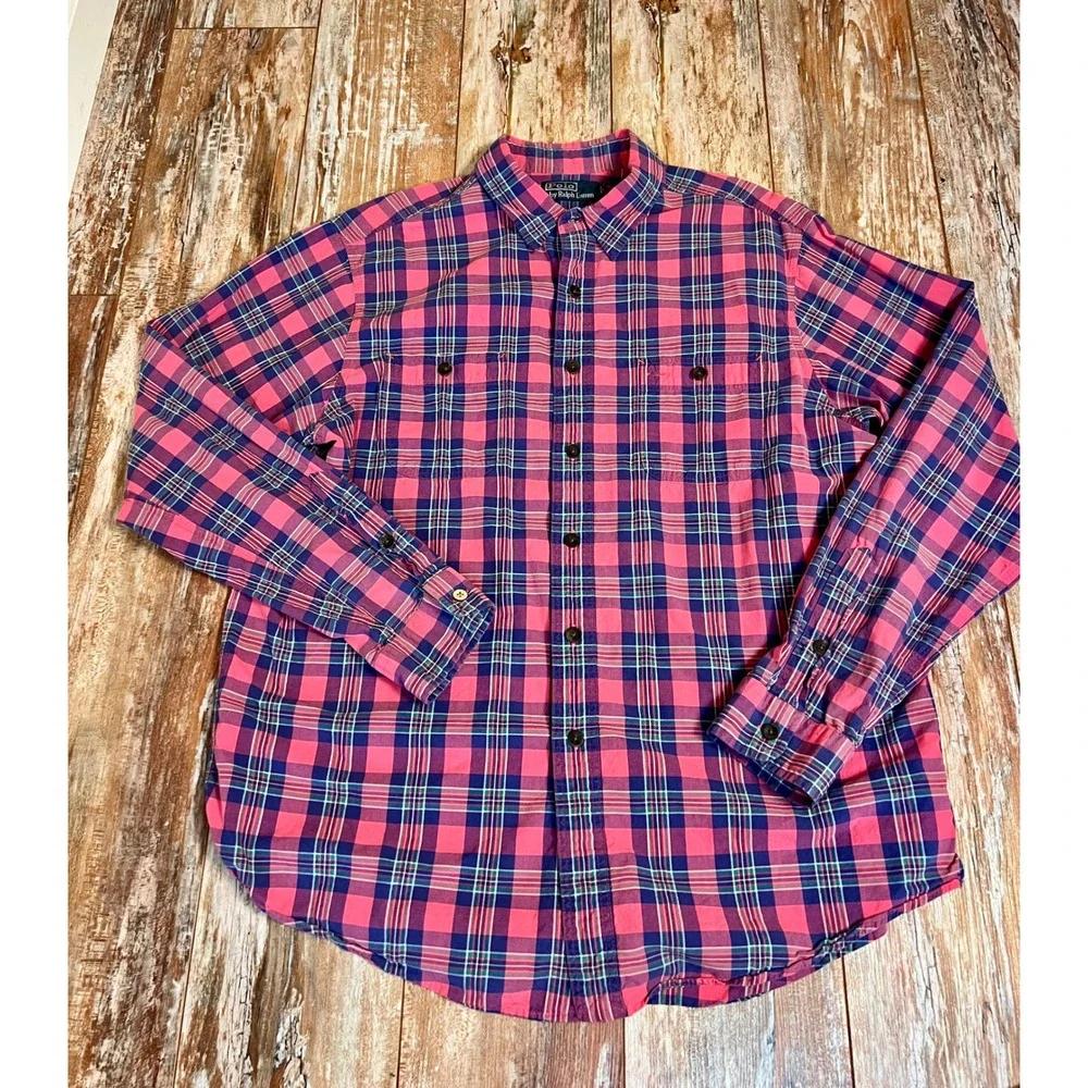Polo Ralph Lauren Men XL Plaid Button Down Shirt Pink Purple Long Sleeve Pockets - Picture 1 of 11